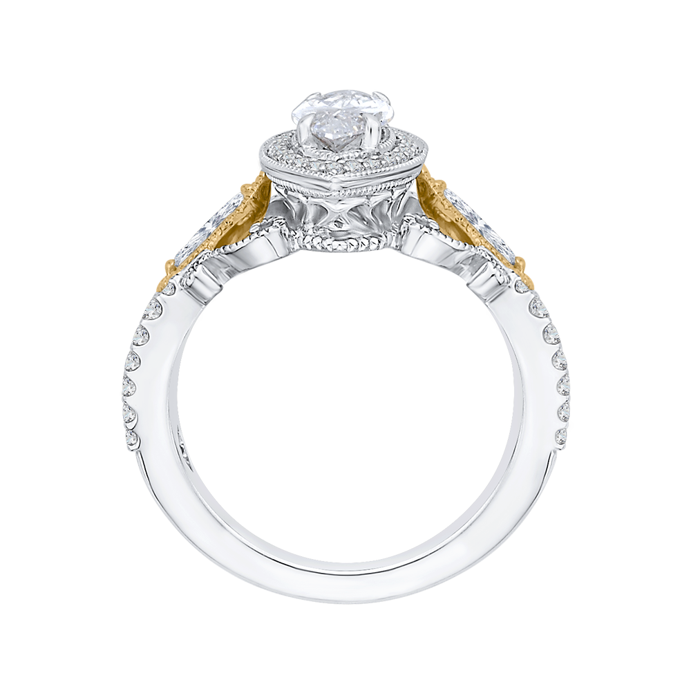 14K Two Tone Gold Marquise Diamond Halo Engagement Ring (Semi Mount)