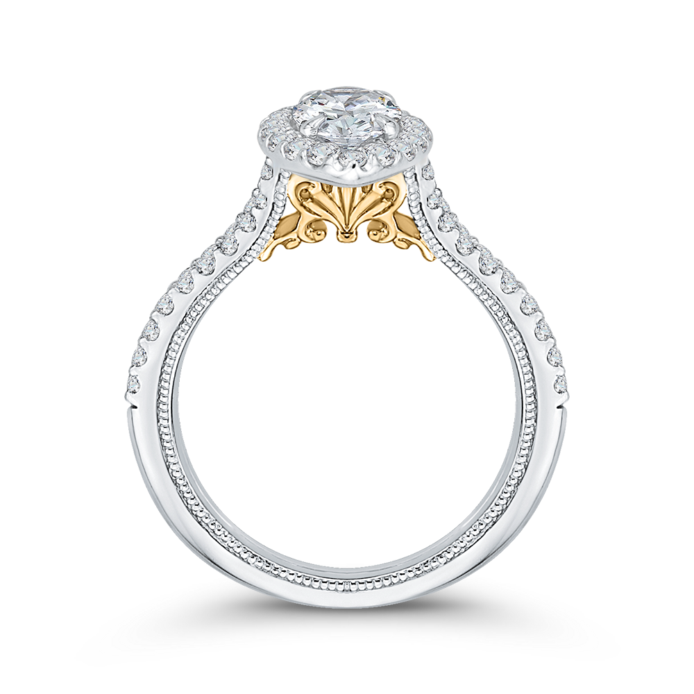 14K Two Tone Gold Marquise Diamond Halo Vintage Engagement Ring with Split Shank (Semi Mount)