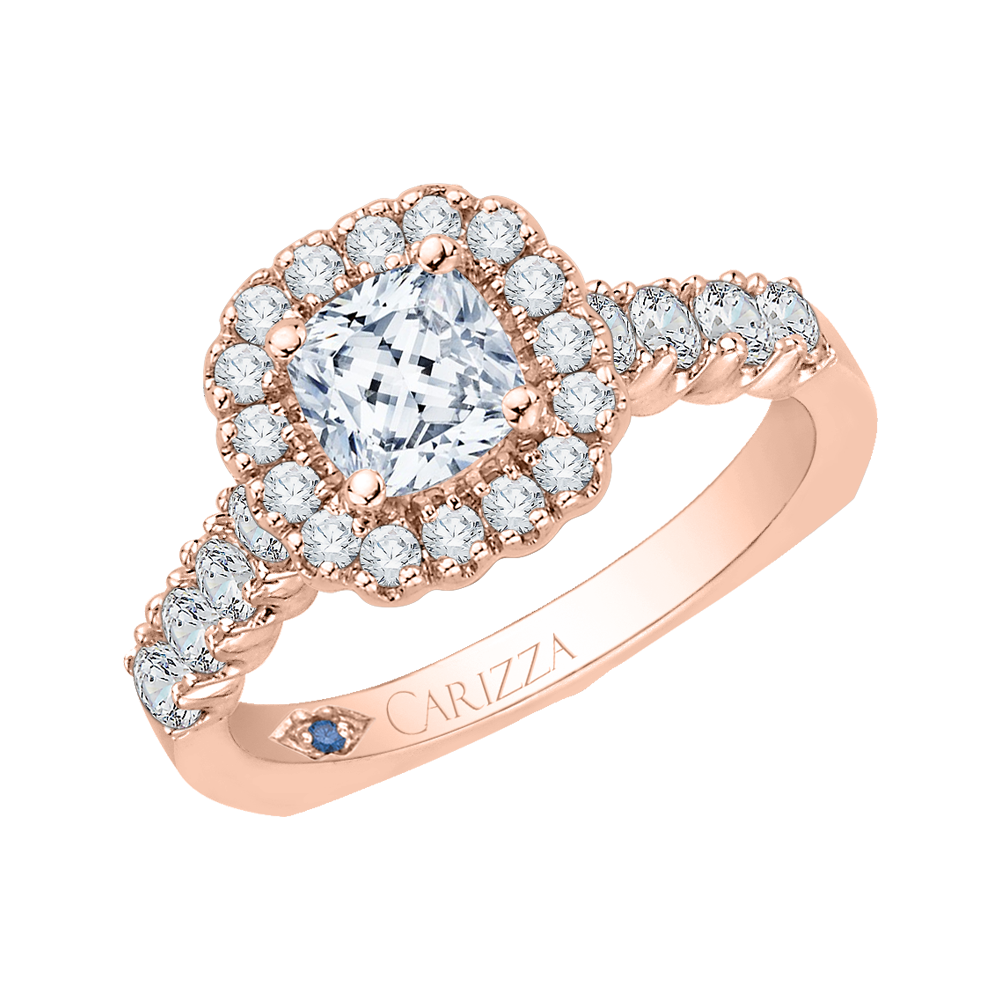 14K Rose Gold Cushion Cut Diamond Halo Engagement Ring (Semi Mount)