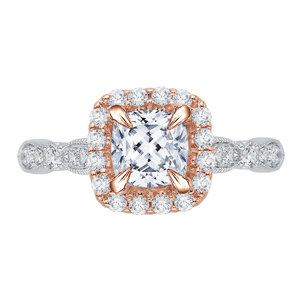 CAU0042E-37WP Bridal Jewelry Carizza White Gold Rose Gold Yellow Gold Vintage Cushion Cut Diamond Halo Engagement Rings