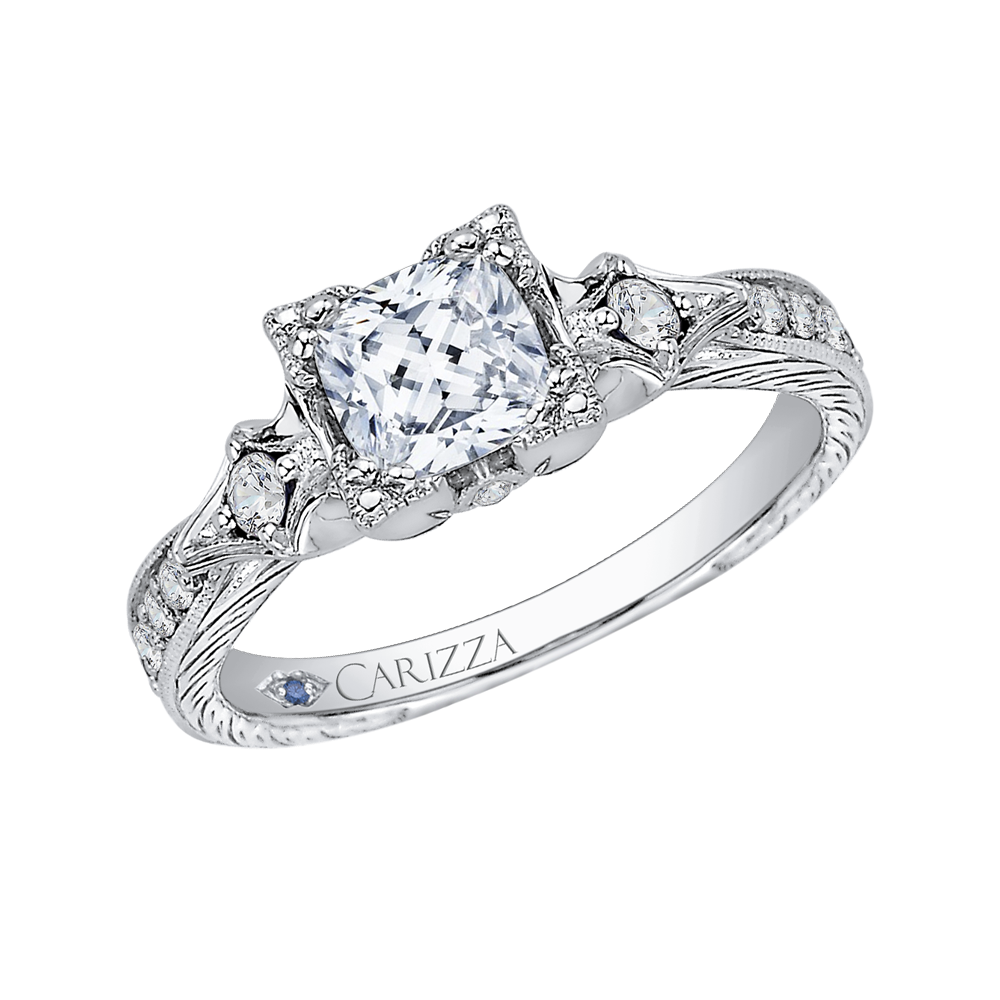 14K White Gold Cushion Cut Diamond Vintage Engagement Ring (Semi Mount)