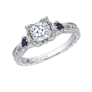 14K White Gold Cushion Cut Diamond Engagement Ring with Sapphire (Semi Mount)