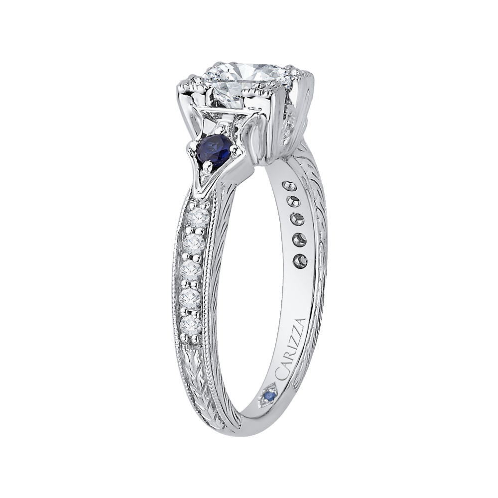 14K White Gold Cushion Cut Diamond Engagement Ring with Sapphire (Semi Mount)