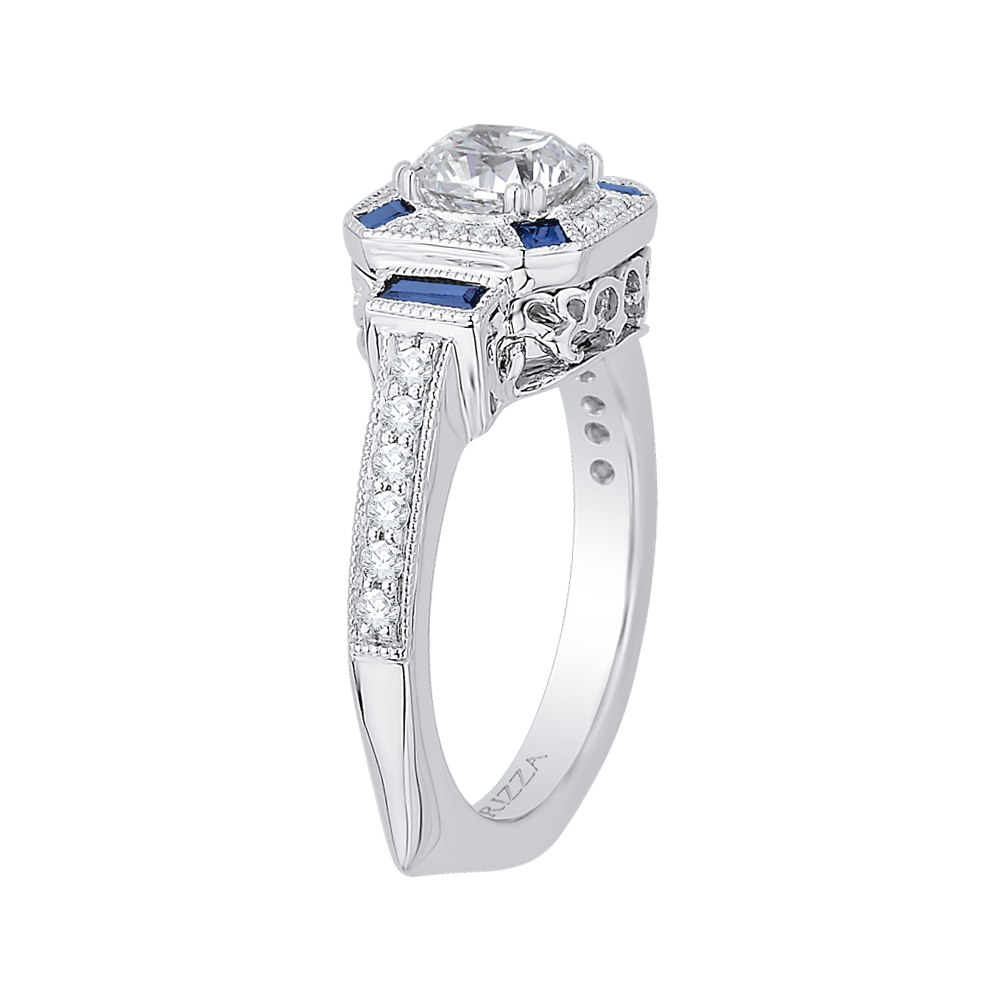 14K White Gold Cushion Cut Diamond Halo Engagement Ring with Sapphire (Semi Mount)