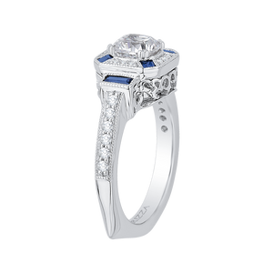 14K White Gold Cushion Cut Diamond Halo Engagement Ring with Sapphire (Semi Mount)