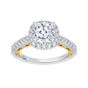 14K Two Tone Gold Cushion Diamond Halo Engagement Ring (Semi Mount)