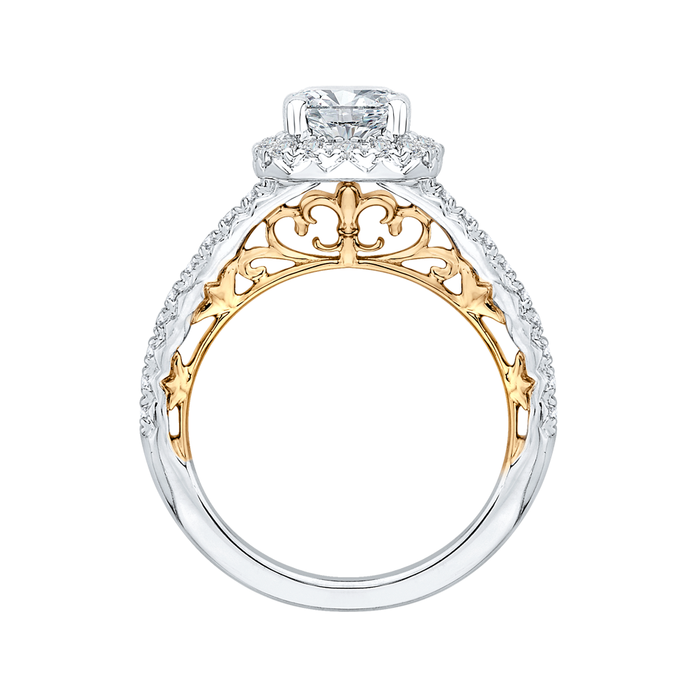 14K Two Tone Gold Cushion Diamond Halo Engagement Ring (Semi Mount)