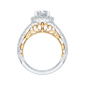 14K Two Tone Gold Cushion Diamond Halo Engagement Ring (Semi Mount)