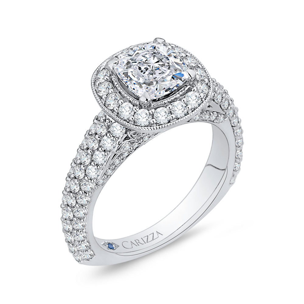 14K White Gold Cushion Diamond Halo Cathedral Style Engagement Ring (Semi Mount)