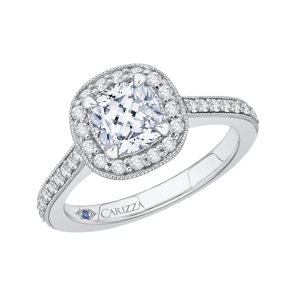 14K White Gold Cushion Diamond Halo Engagement Ring (Semi Mount)