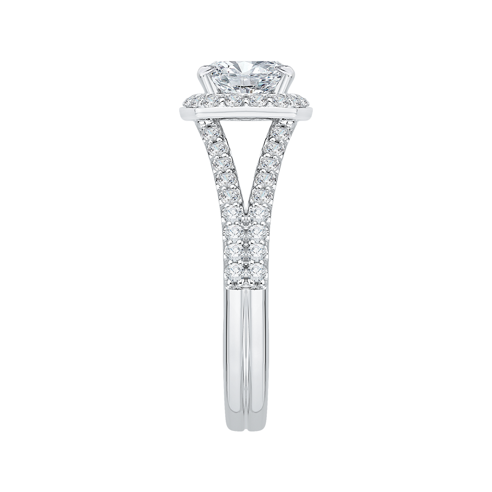 14K White Gold Cushion Cut Diamond Halo Engagement Ring with Split Shank (Semi Mount)