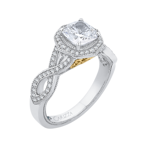 14K Two Tone Gold Cushion Cut Diamond Halo Engagement Ring with Split Shank (Semi Mount)