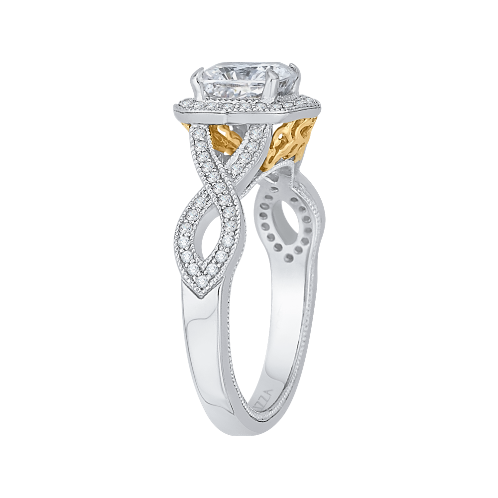 14K Two Tone Gold Cushion Cut Diamond Halo Engagement Ring with Split Shank (Semi Mount)