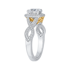 14K Two Tone Gold Cushion Cut Diamond Halo Engagement Ring with Split Shank (Semi Mount)