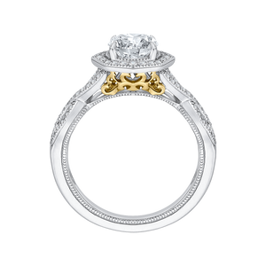 14K Two Tone Gold Cushion Cut Diamond Halo Engagement Ring with Split Shank (Semi Mount)