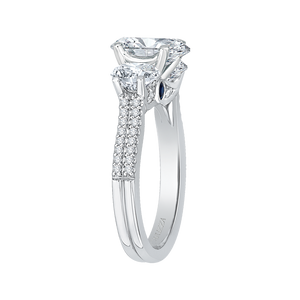 Cushion Cut Diamond with Sapphire Three Stone Cathedral Style Engagement Ring In 14K White Gold (Semi Mount)