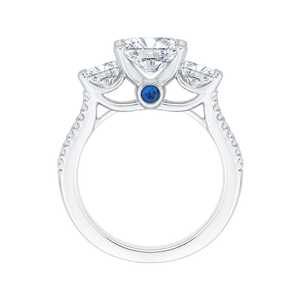 Cushion Cut Diamond with Sapphire Three Stone Cathedral Style Engagement Ring In 14K White Gold (Semi Mount)