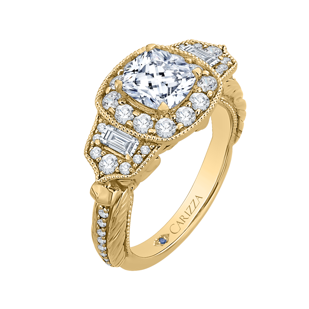 14K Yellow Gold Cushion Diamond Halo Vintage Engagement Ring (Semi Mount)