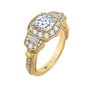 14K Yellow Gold Cushion Diamond Halo Vintage Engagement Ring (Semi Mount)