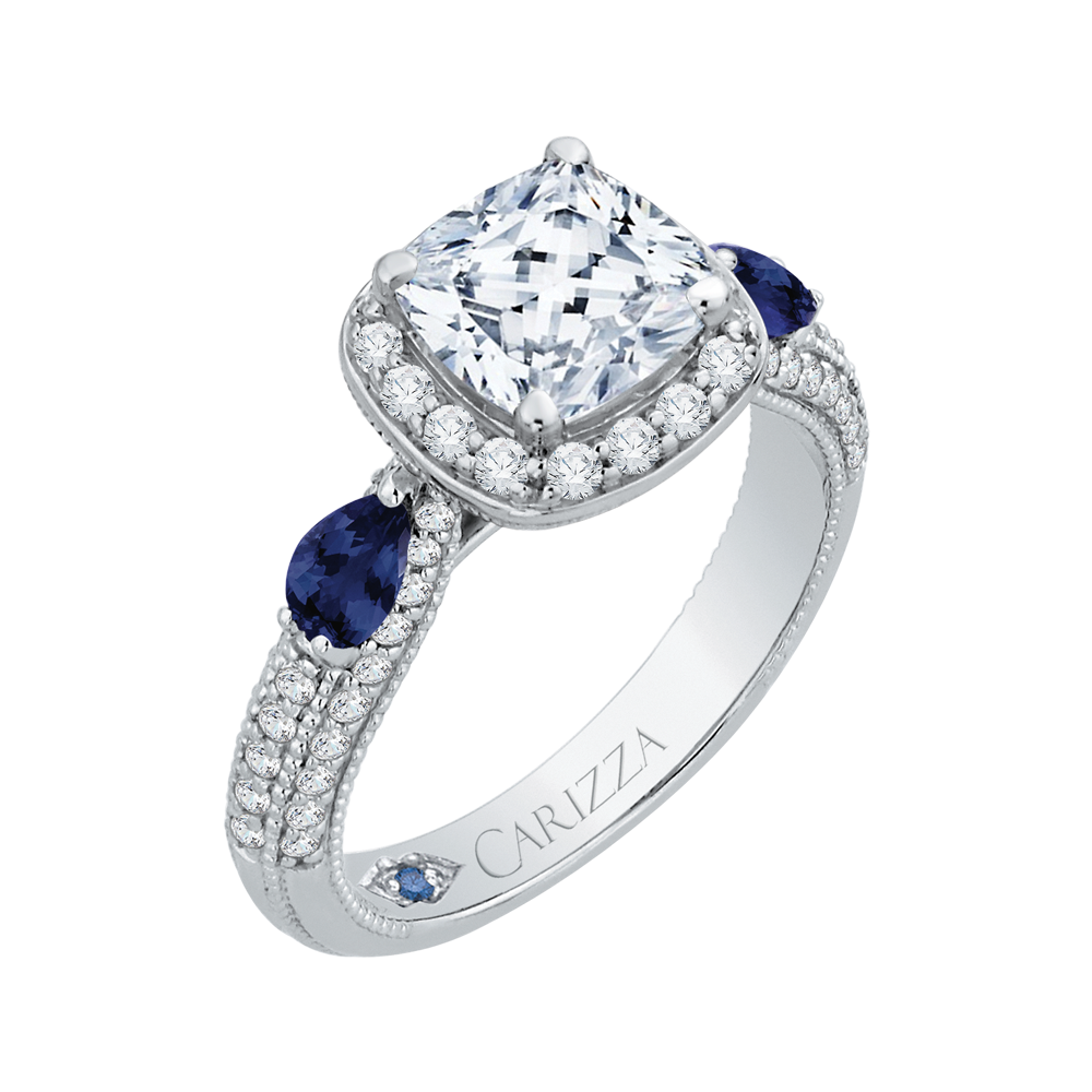 14K White Gold Cushion Cut Diamond Halo Engagement Ring with Sapphire (Semi Mount)