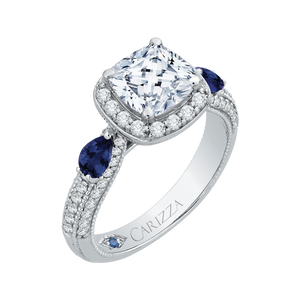 14K White Gold Cushion Cut Diamond Halo Engagement Ring with Sapphire (Semi Mount)