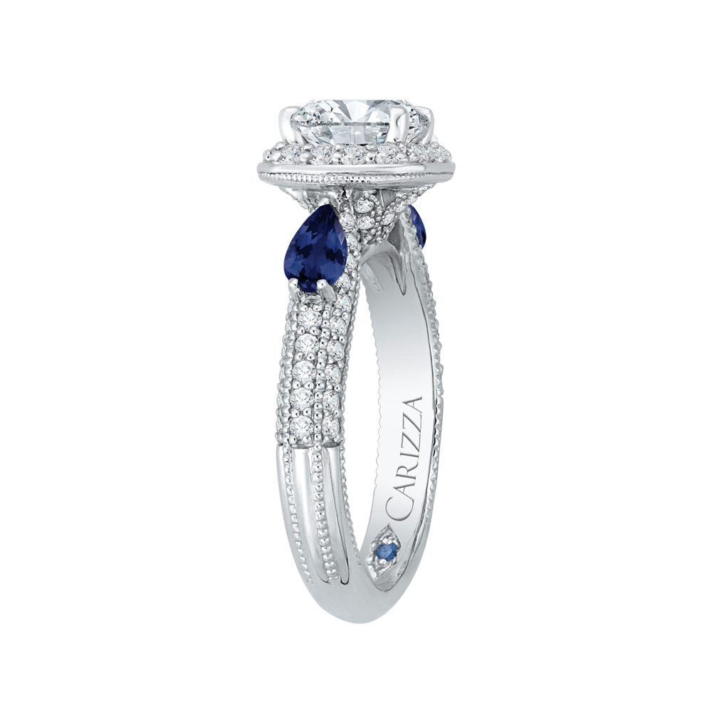 14K White Gold Cushion Cut Diamond Halo Engagement Ring with Sapphire (Semi Mount)