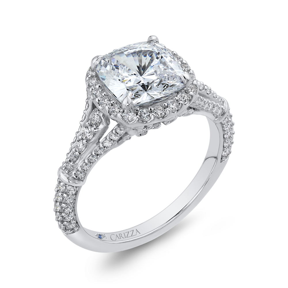 14K White Gold Cushion Diamond Halo Engagement Ring with Split Shank (Semi Mount)