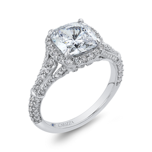 14K White Gold Cushion Diamond Halo Engagement Ring with Split Shank (Semi Mount)