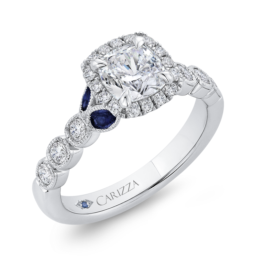 14K White Gold Cushion Cut Diamond Halo Engagement Ring with Sapphire (Semi Mount)