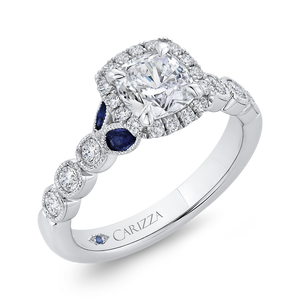 14K White Gold Cushion Cut Diamond Halo Engagement Ring with Sapphire (Semi Mount)