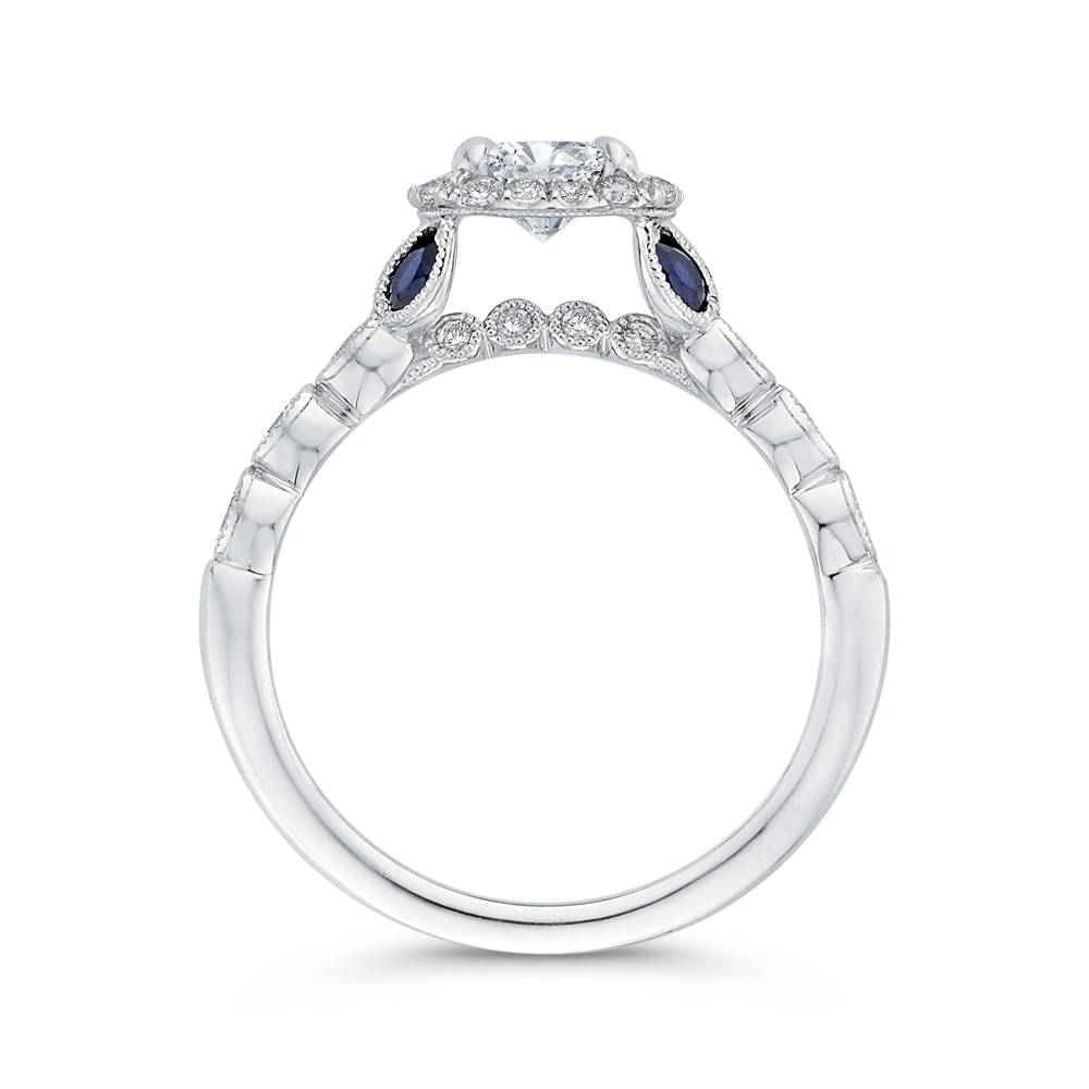 14K White Gold Cushion Cut Diamond Halo Engagement Ring with Sapphire (Semi Mount)