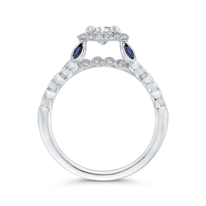 14K White Gold Cushion Cut Diamond Halo Engagement Ring with Sapphire (Semi Mount)