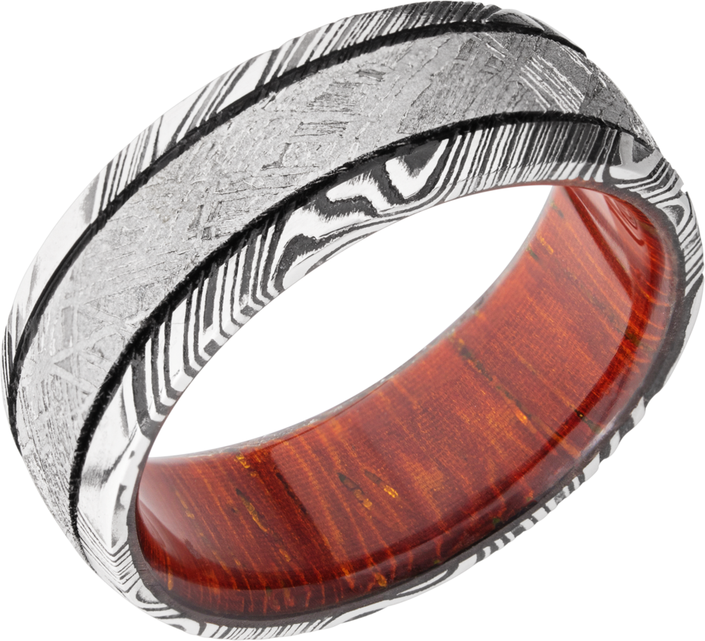 lashbrook hw handmade 8mm damascus steel domed band hwsleeved8d14woodgrain_meteorite_mga_padauk+acid