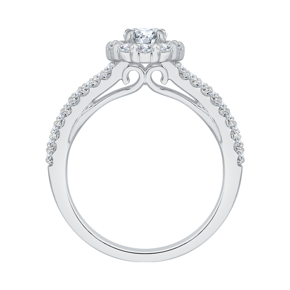 14K White Gold Round Cut Diamond Halo Engagement Ring with Split Shank