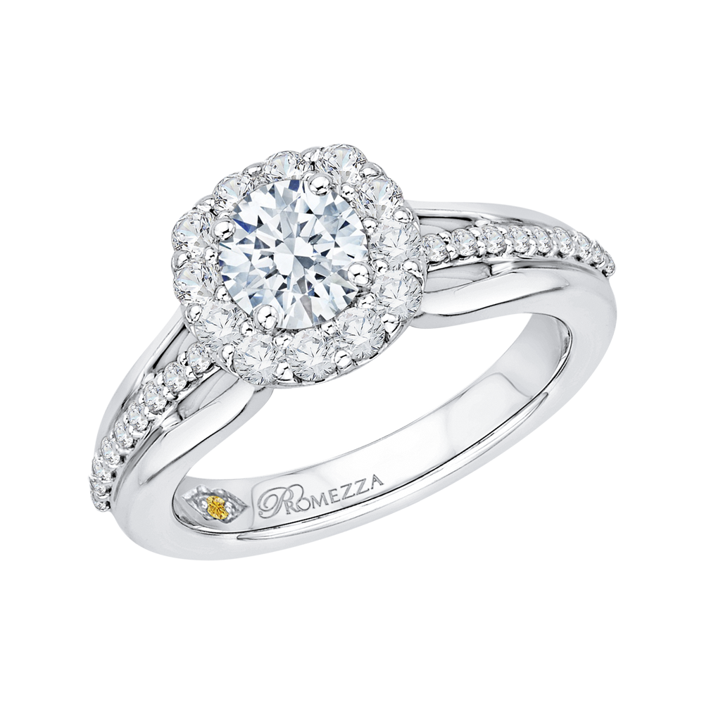 14K White Gold Round Diamond Halo Engagement Ring Set with Split Shank