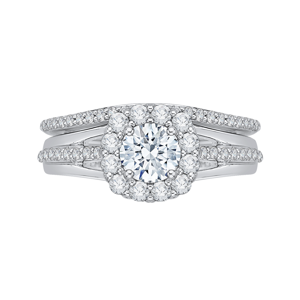 14K White Gold Round Diamond Halo Engagement Ring Set with Split Shank