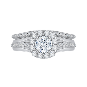 14K White Gold Round Diamond Halo Engagement Ring Set with Split Shank