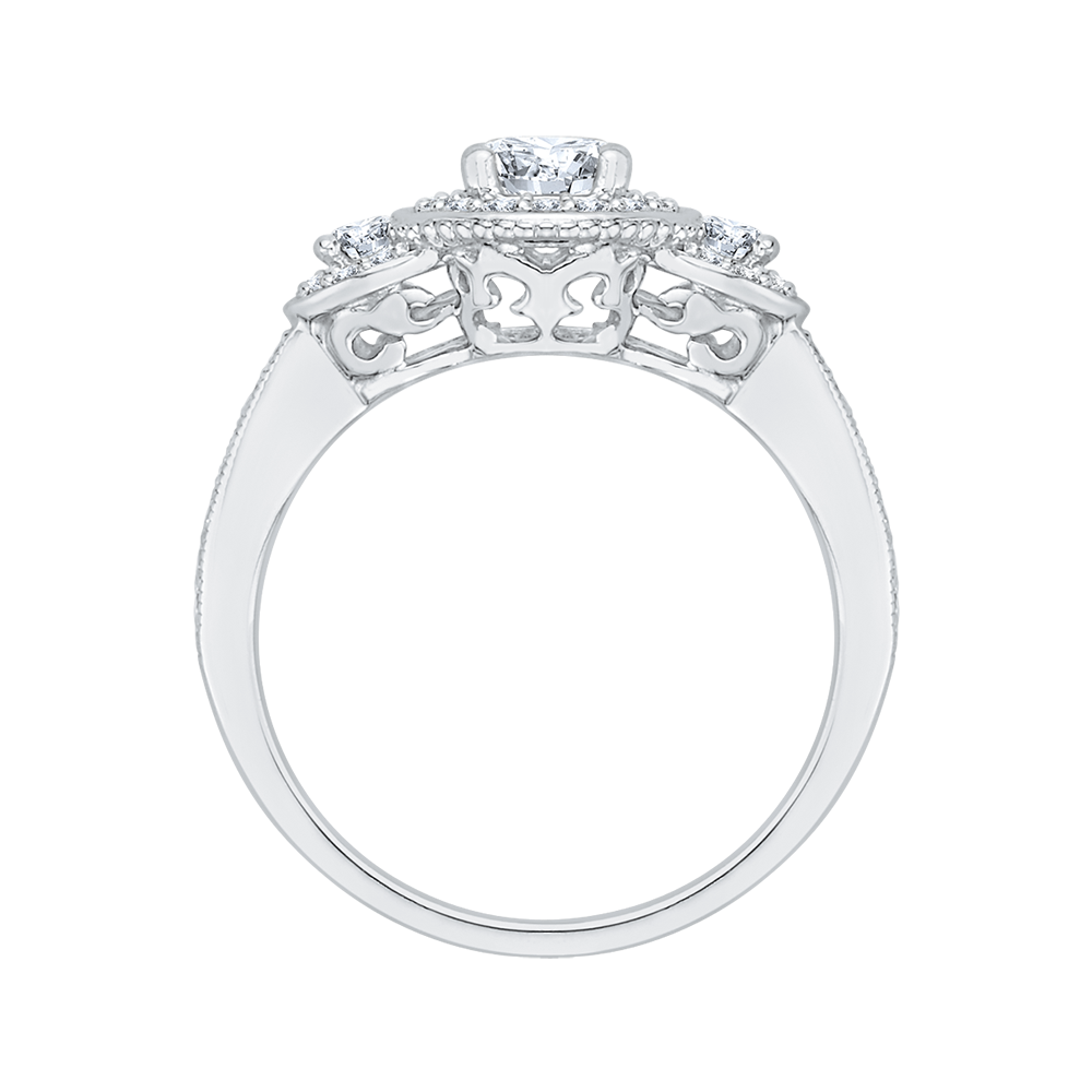 Round Cut Diamond Three Stone Halo Engagement Ring In 14K White Gold