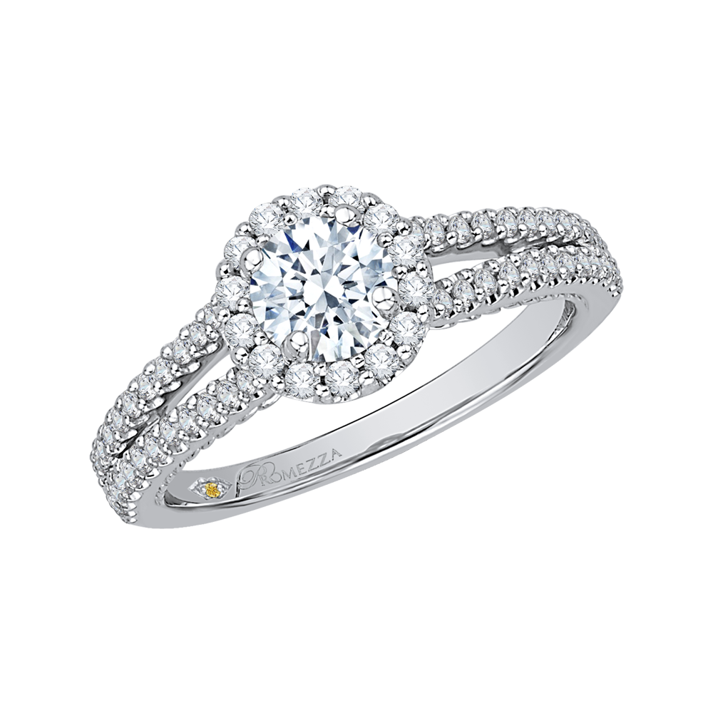 Round Diamond Halo Engagement Ring with Split Shank In 14K White Gold