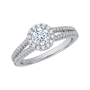 Round Diamond Halo Engagement Ring with Split Shank In 14K White Gold