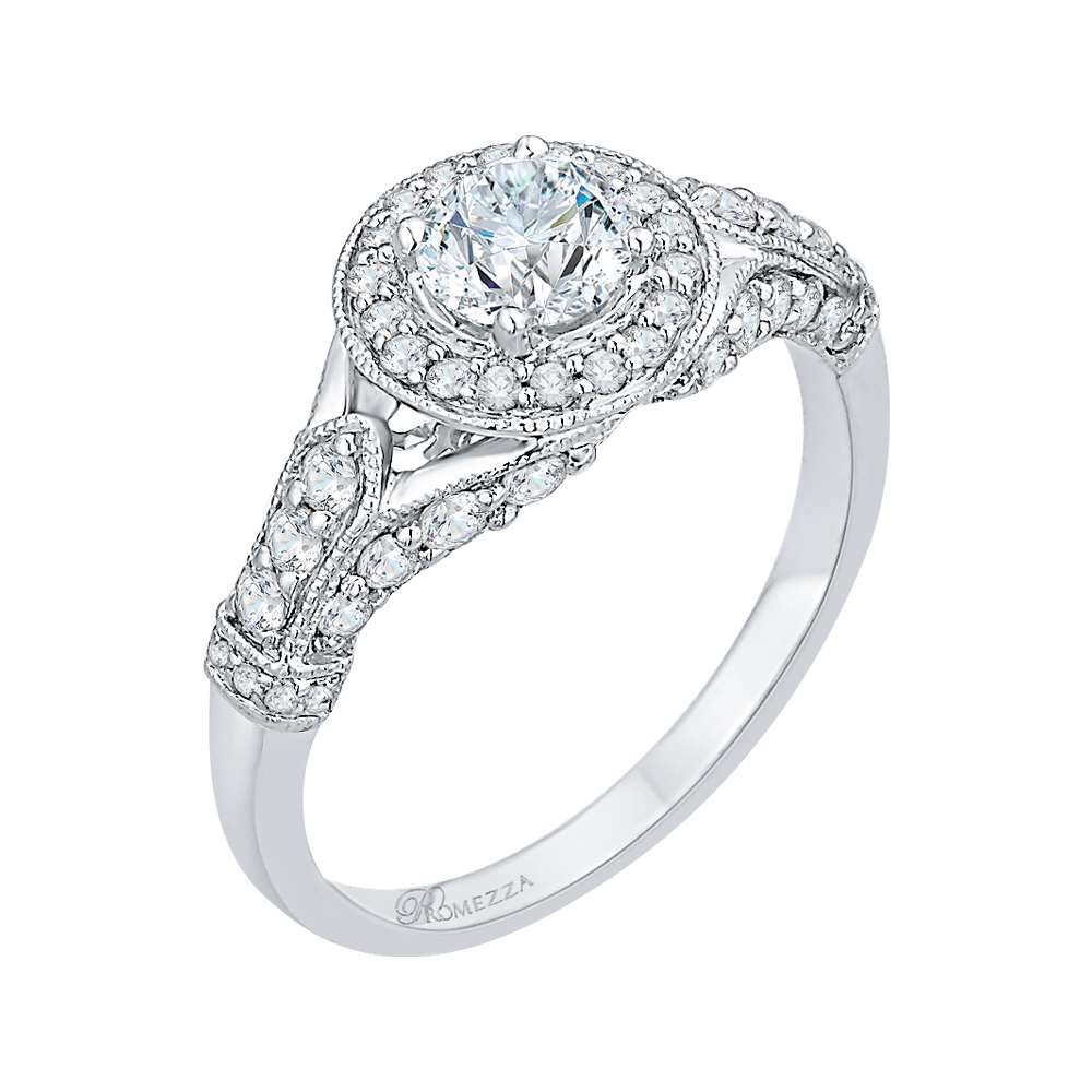 14K White Gold Round Diamond Halo Engagement Ring with Split Shank