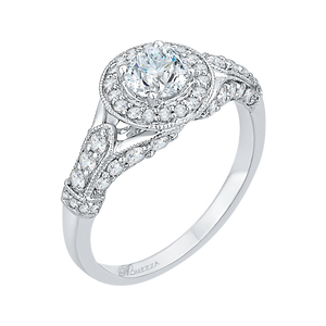 14K White Gold Round Diamond Halo Engagement Ring with Split Shank