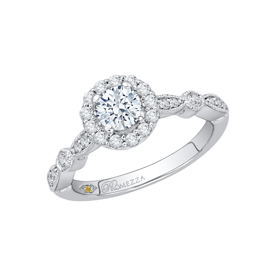 14K White Gold Round Cut Diamond Halo Engagement Ring