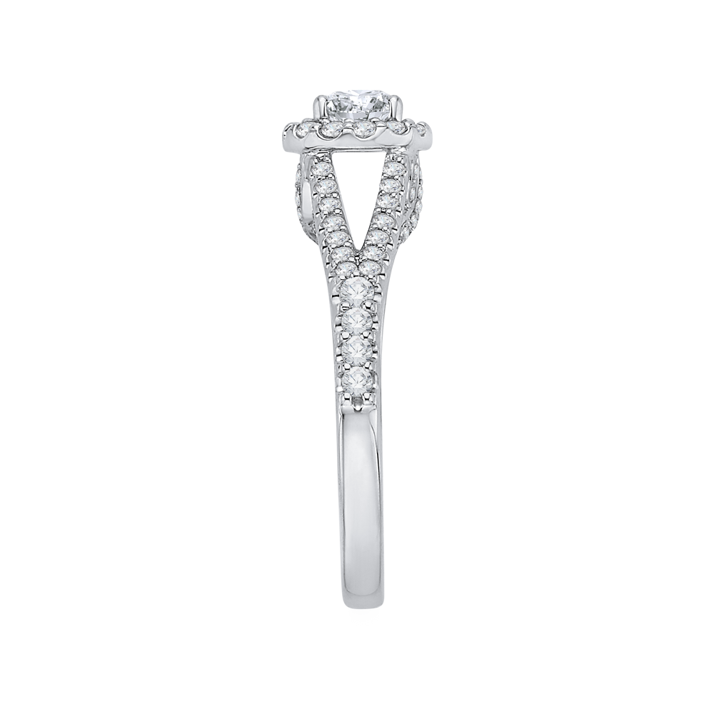 14K White Gold Round Diamond Halo Engagement Ring with Split Shank