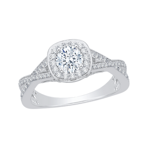 14K White Gold Round Diamond Halo Engagement Ring with Split Shank