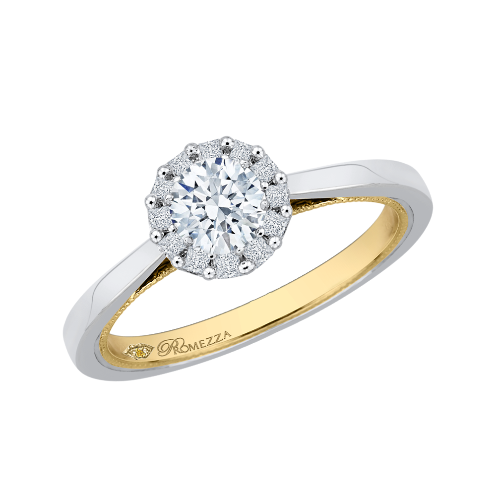 14K Two Tone Gold Round Diamond Halo Engagement Ring