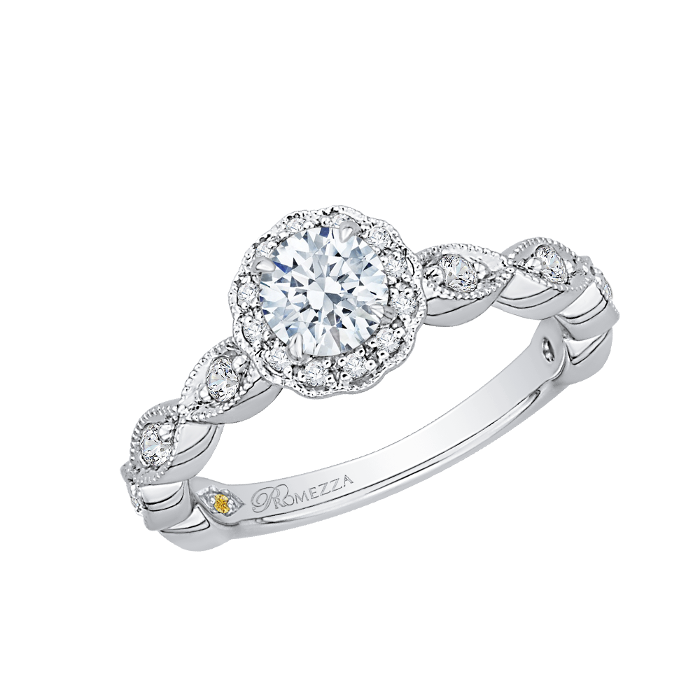 14K White Gold Round Diamond Floral Halo Engagement Ring