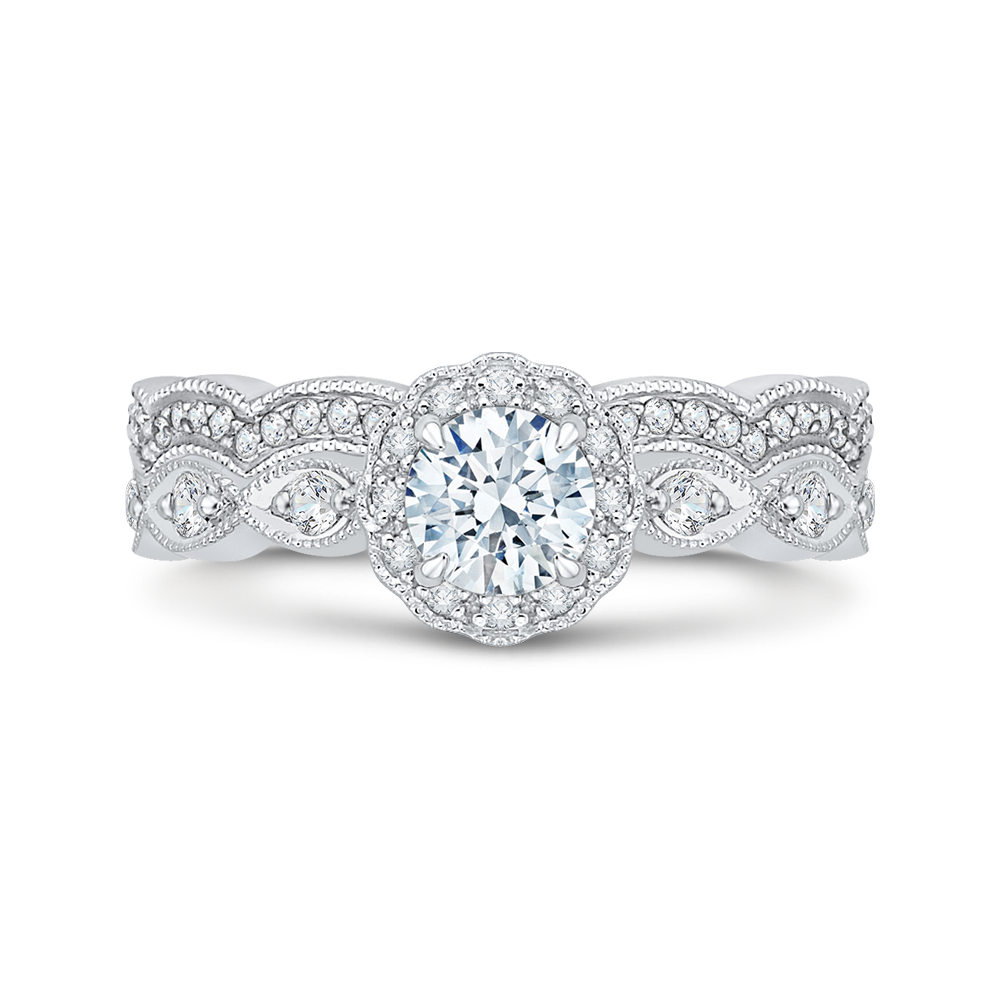 14K White Gold Round Diamond Floral Halo Engagement Ring