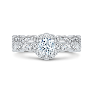 14K White Gold Round Diamond Floral Halo Engagement Ring