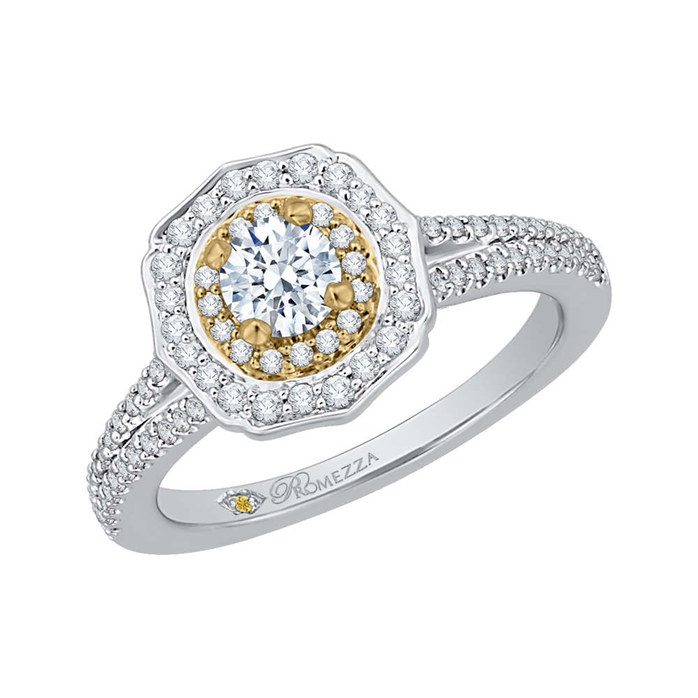 14K Two Tone Gold Round Diamond Double Halo Engagement Ring